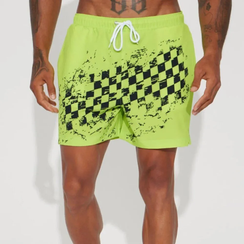 Bundle (2) Fashion Nova Men's Swim Trunks Checkered Past and Solid Green Size XL